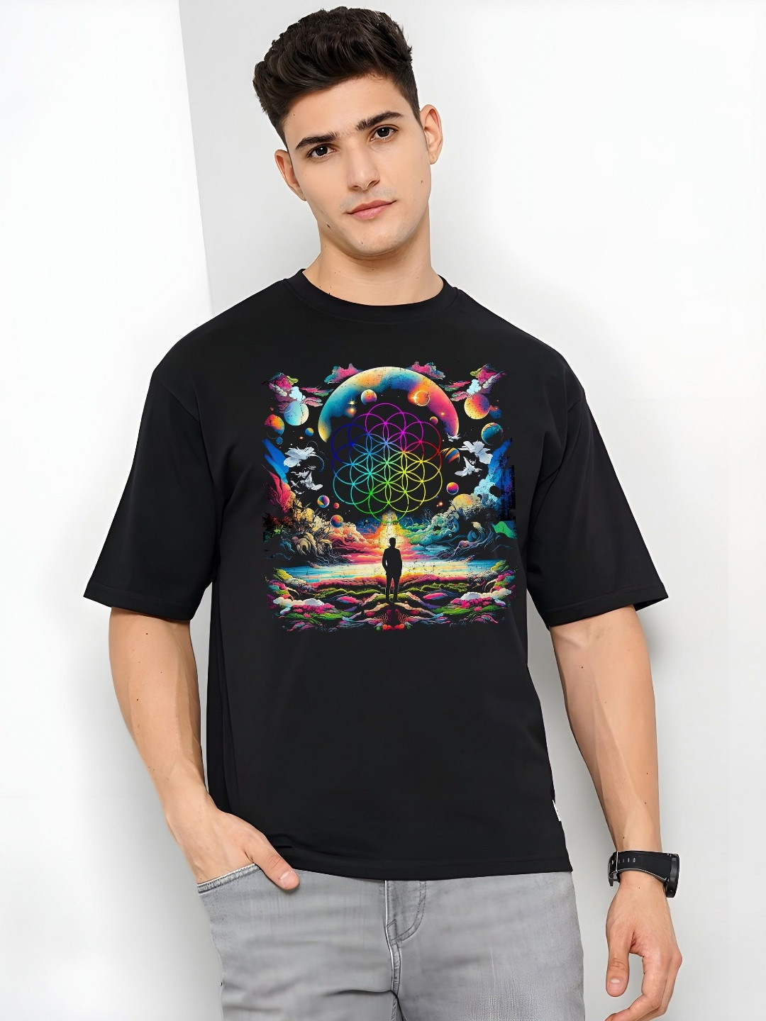 

KAIDO Men Graphic Printed Round Neck Cotton Oversized T-shirt, Black
