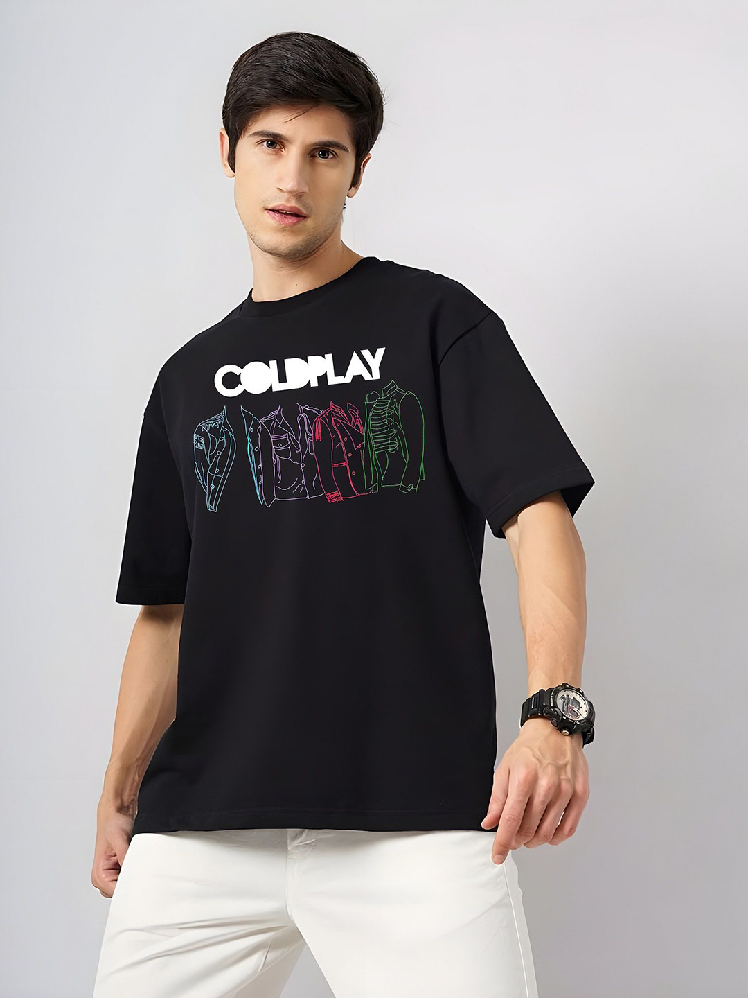 

KAIDO Men Coldplay Graphic Printed Oversized Cotton T-shirt, Black