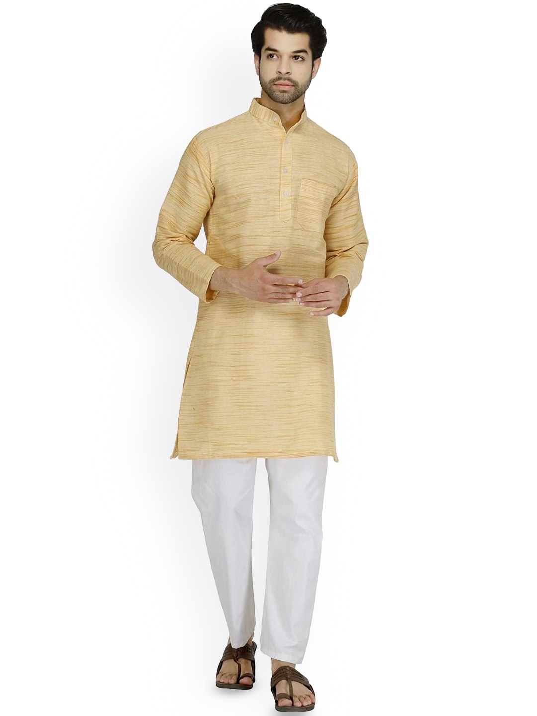 

Aaryavar Woven Design Band Collar Straight Khadi Cotton Kurta With Trousers, Cream