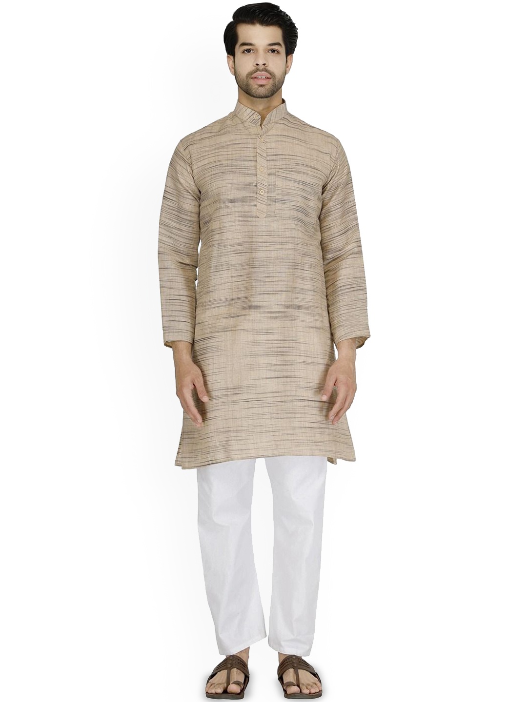 

Aaryavar Woven Design Band Collar Straight Khadi Cotton Kurta With Trousers, Beige