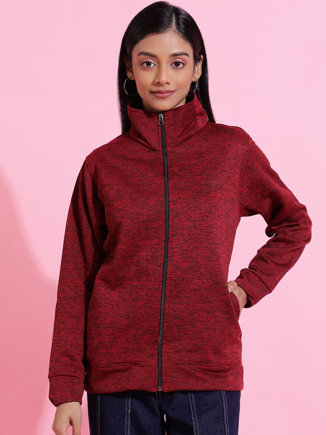 

EPPE Women Spread Collar Solid Fleece Casual Lightweight Jacket, Maroon