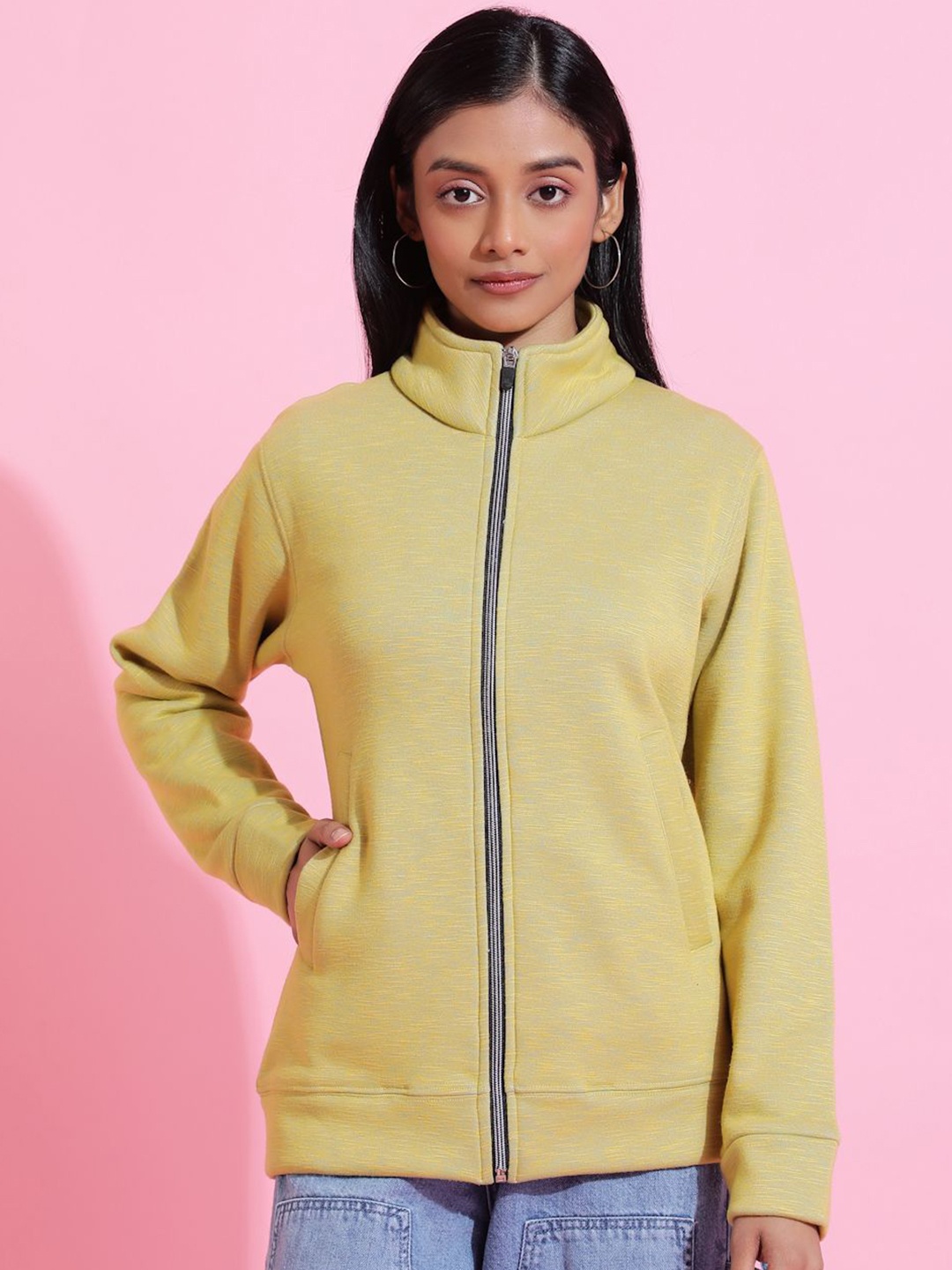 

EPPE Women Stand Collar Solid Fleece Casual Lightweight Jacket, Yellow