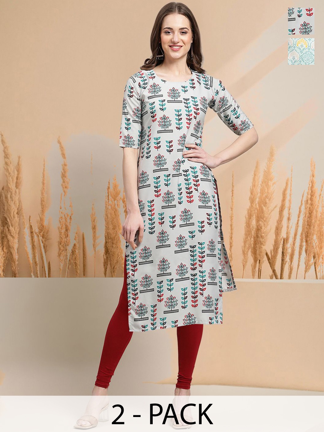 

7Threads Selection Of 2 Floral Printed Round Neck Straight Kurta With Trousers, Grey