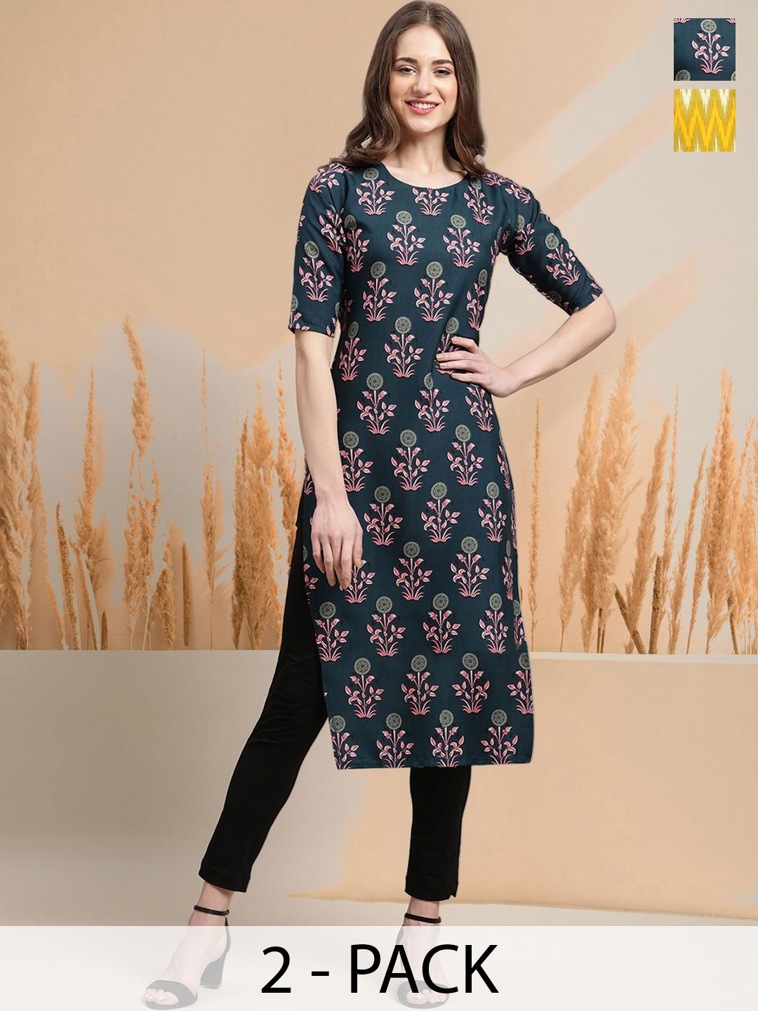 

7Threads Selection Of 2 Floral Printed Round Neck Straight Kurta With Trousers, Navy blue