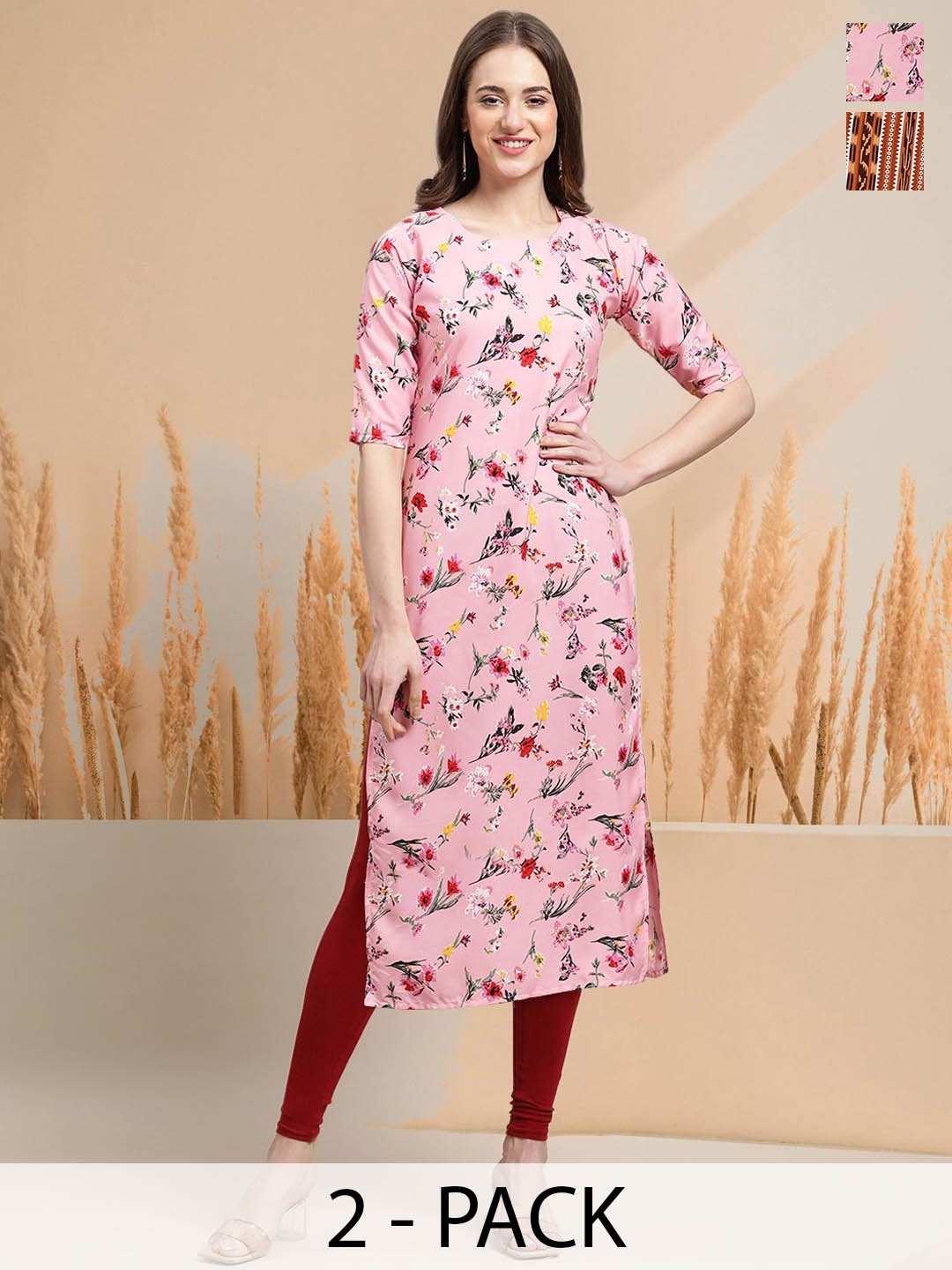 

7Threads Selection Of 2 Floral Printed Round Neck Straight Kurta With Trousers, Pink