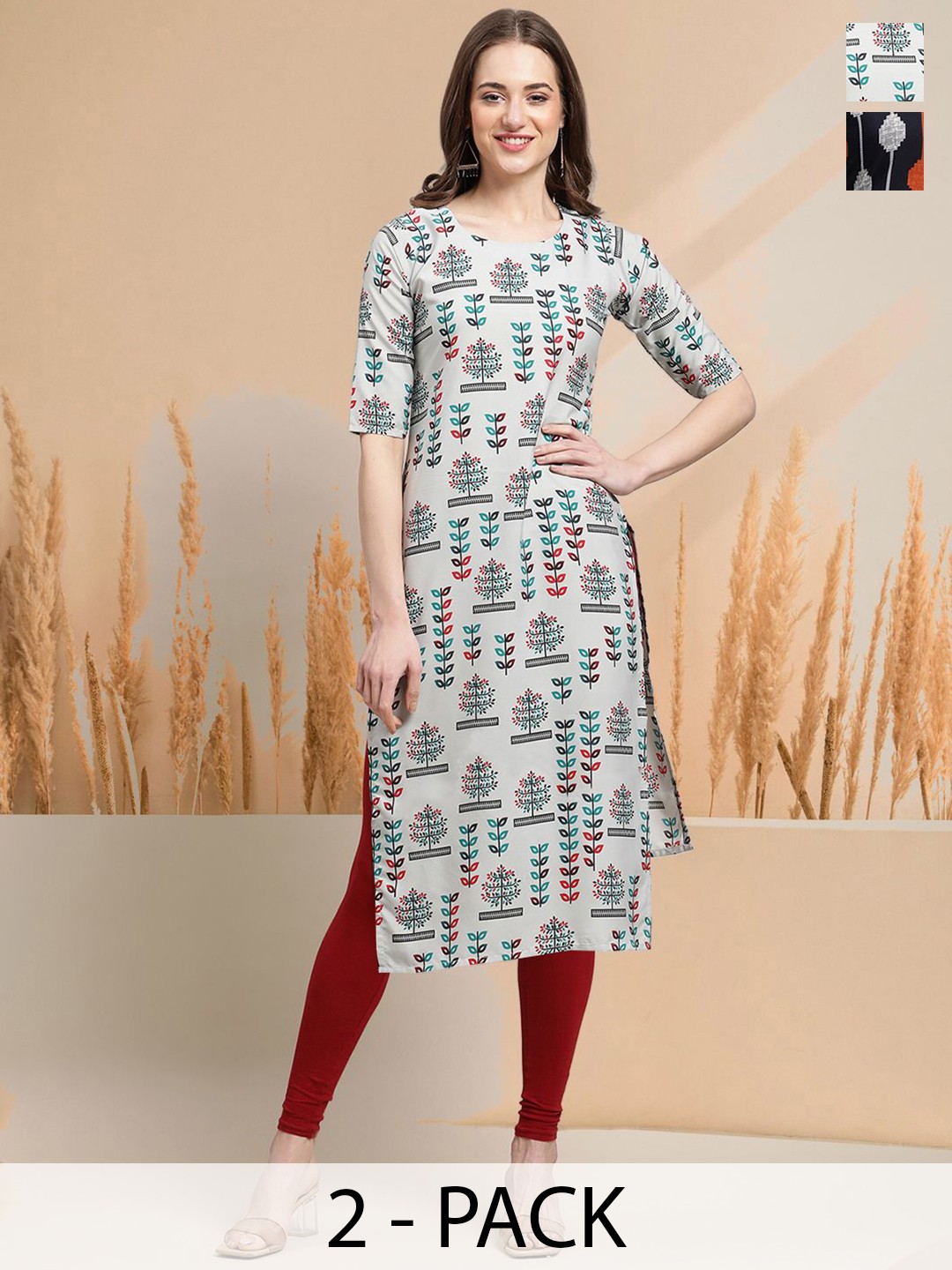 

7Threads Selection Of 2 Floral Printed Round Neck Straight Kurta With Trousers, Grey