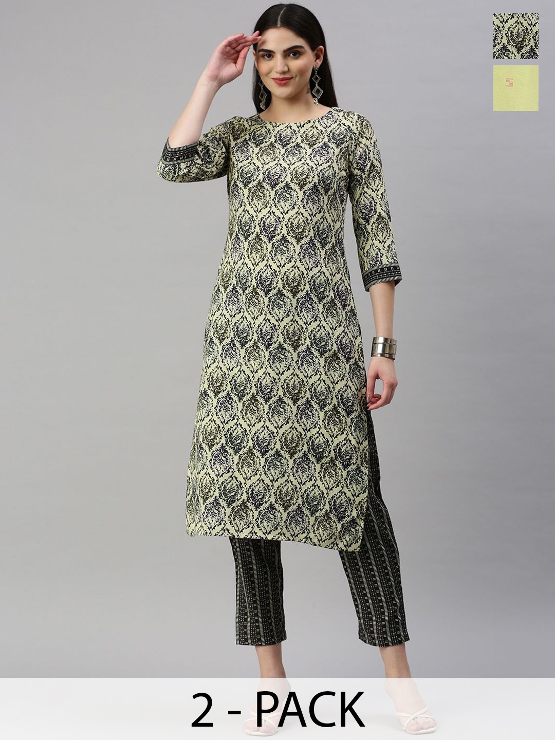 

KALINI Selection Of 2 Ethnic Motifs Printed Round Neck Kurtas With Trousers, Beige