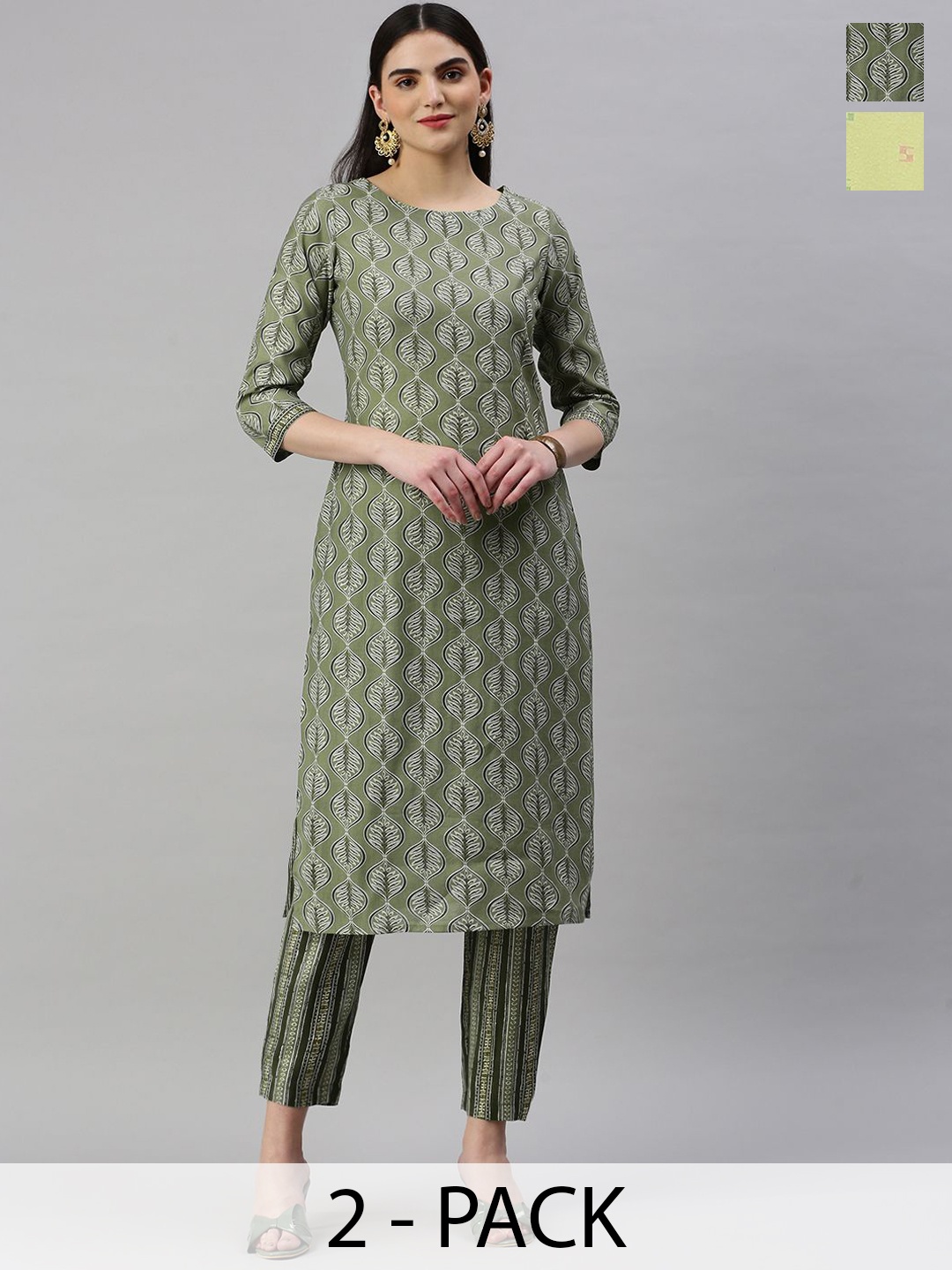 

KALINI Selection Of 2 Floral Printed Straight Kurta With Trousers, Olive