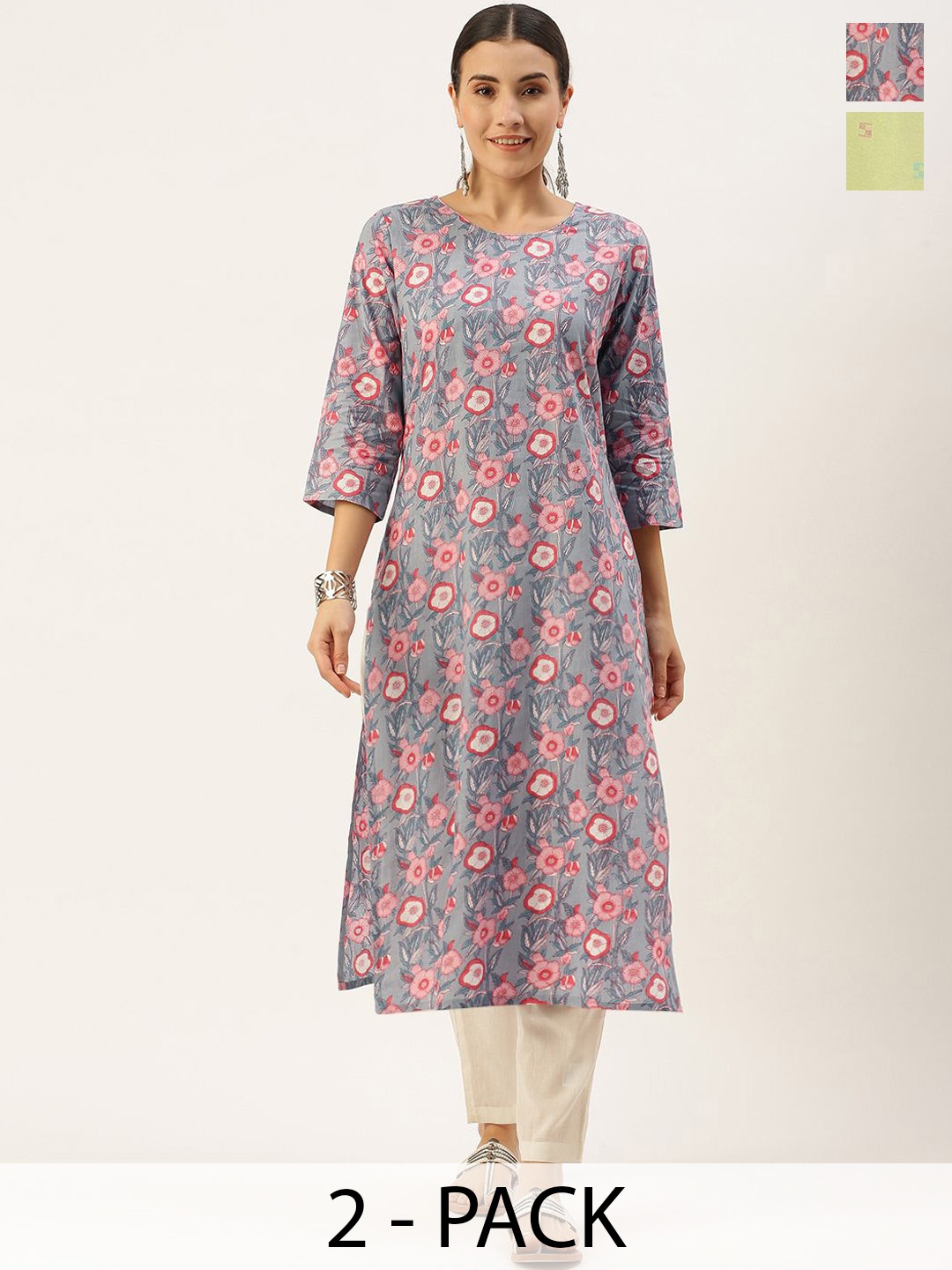 

KALINI Selection Of 2 Floral Printed Round Neck Straight Kurtas With Trousers, Grey