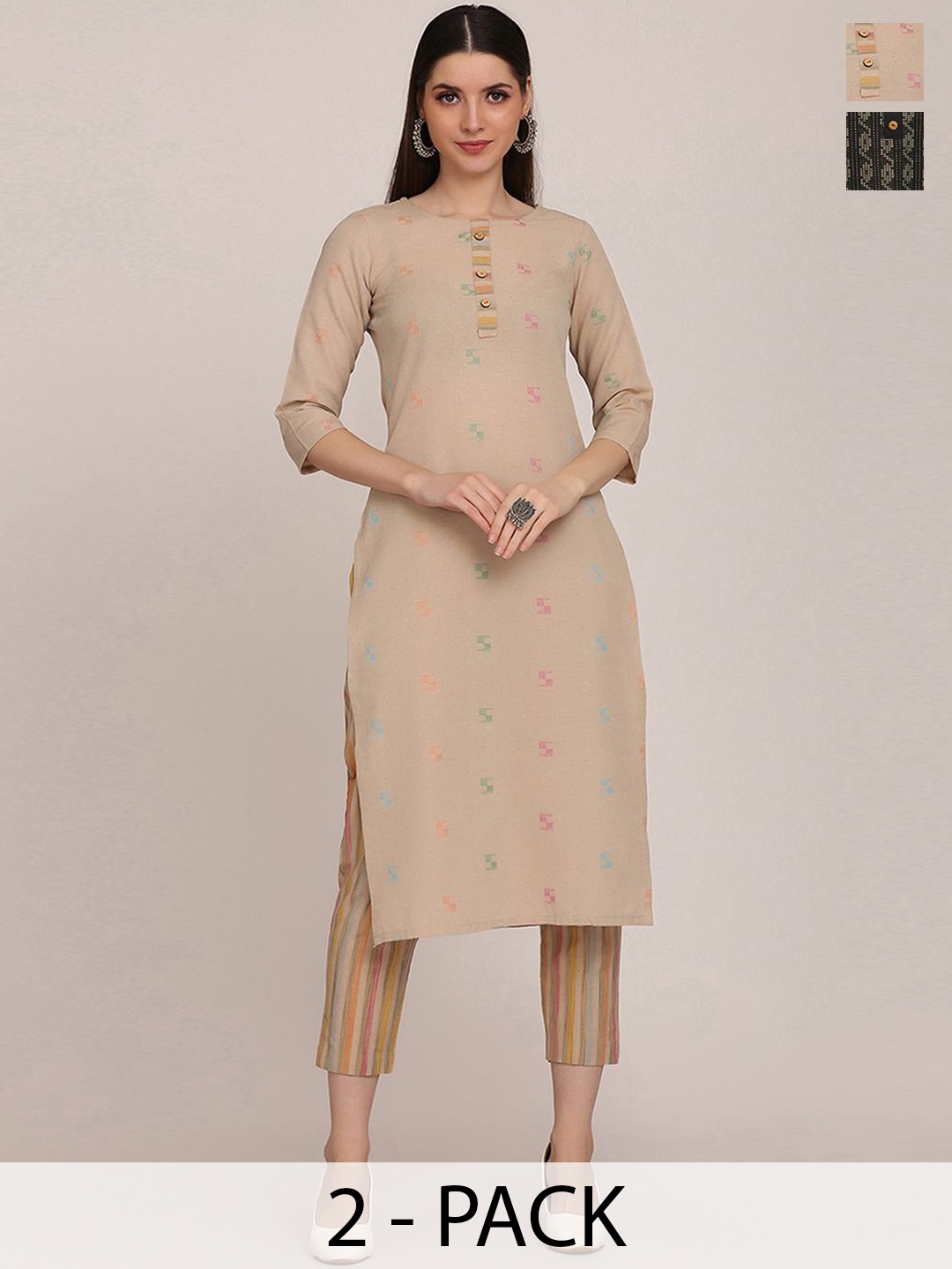 

KALINI Selection Of 2 Geometric Printed Round Neck Straight Kurtas With Trousers, Beige