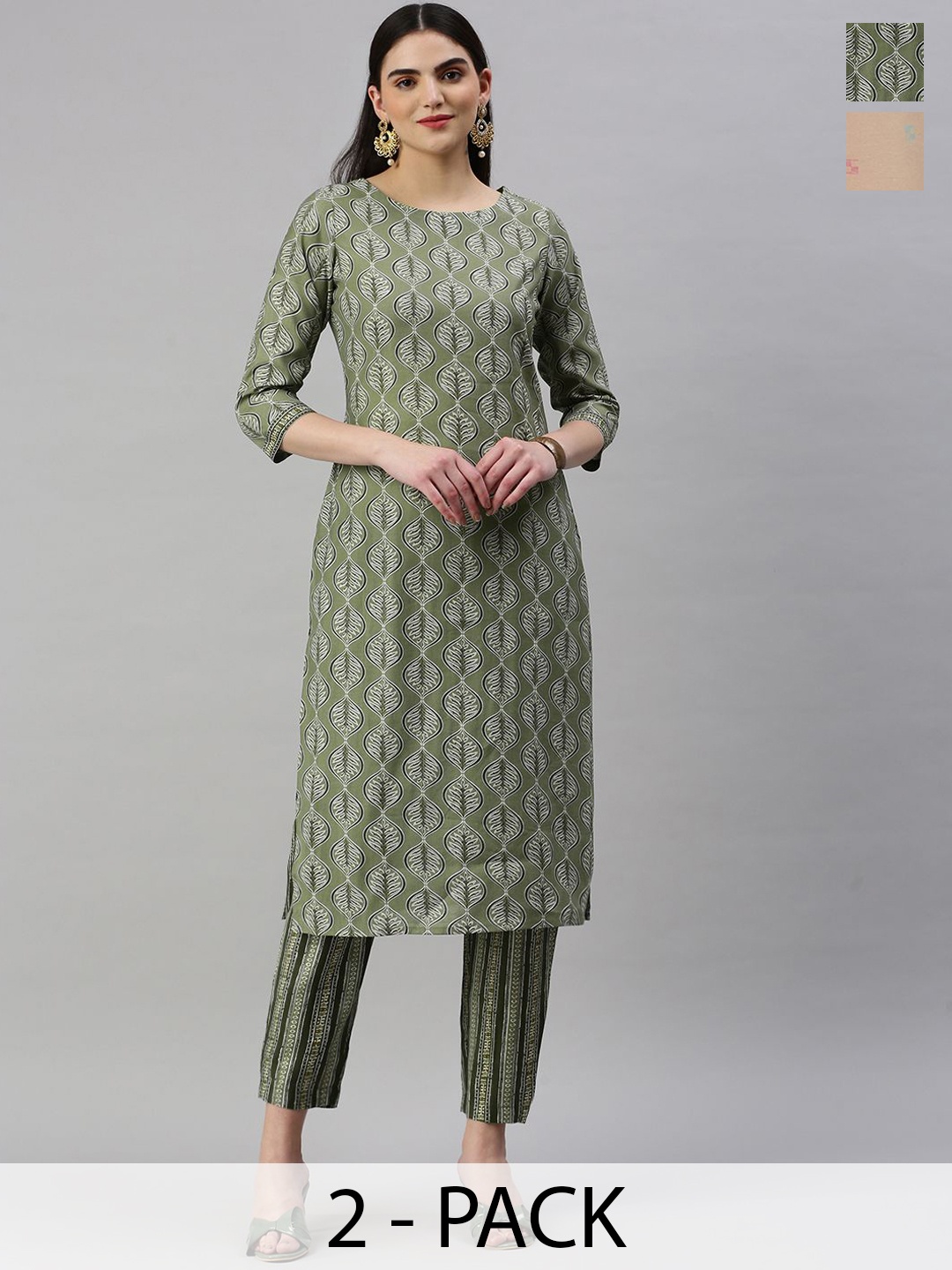 

KALINI Selection Of 2 Floral Printed Straight Kurta With Trousers, Olive