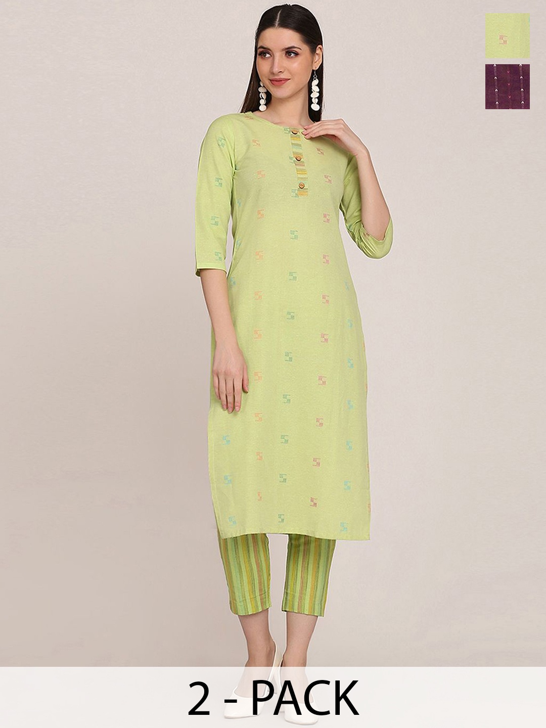 

KALINI Geometric Woven Design Printed Round Neck Kurta With Trouser, Green