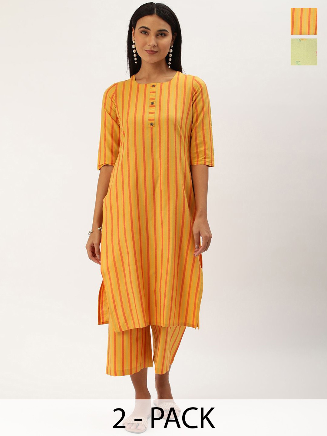 

KALINI Selection Of 2 Striped Straight Kurta with Trousers, Yellow