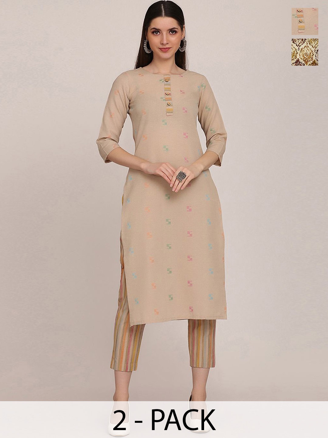 

KALINI Selection Of 2 Geometric Printed Round Neck Straight Kurta With Trouser, Beige