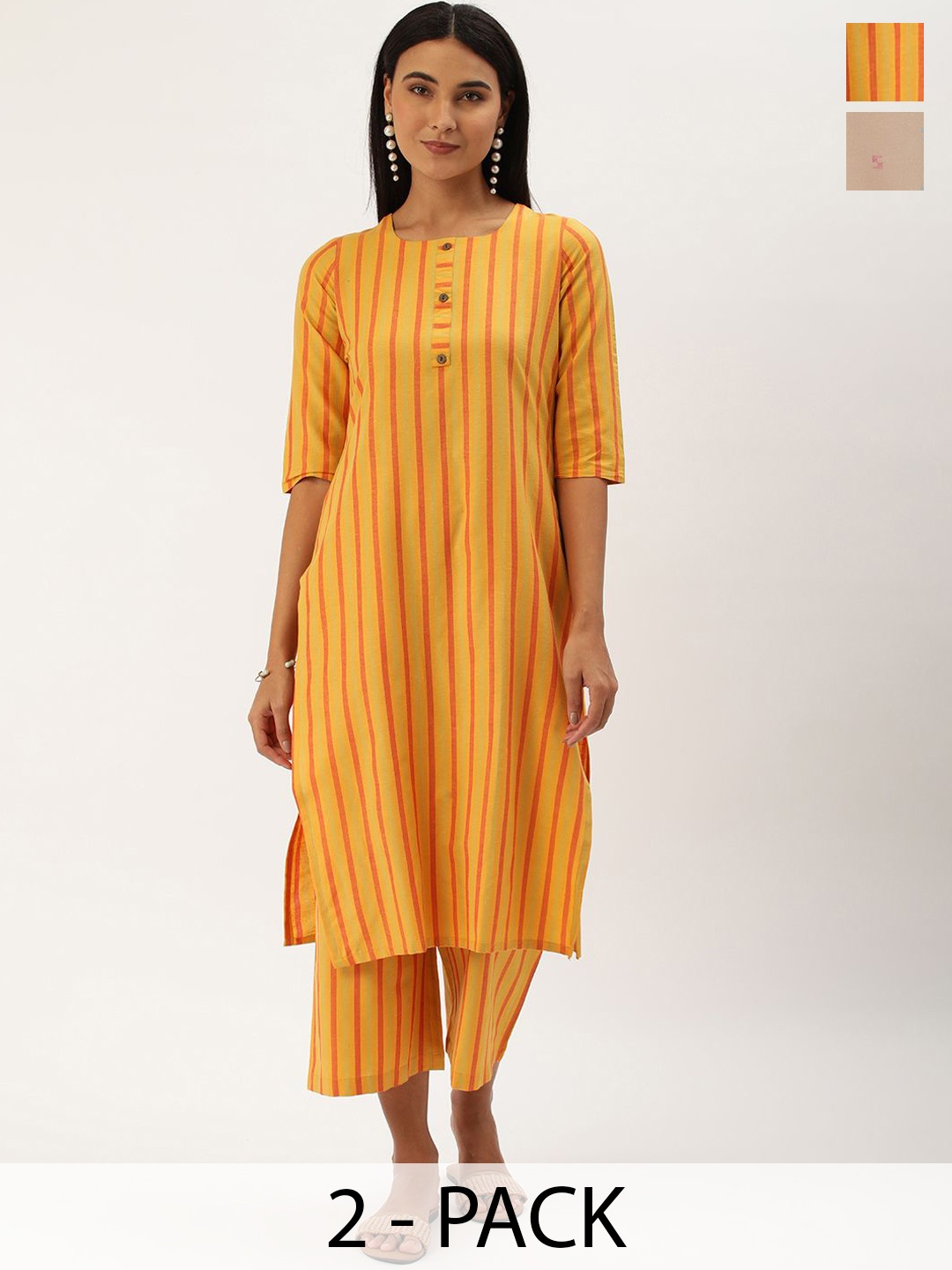 

KALINI Selection Of 2 Striped Round Neck Straight Kurta With Trouser, Yellow