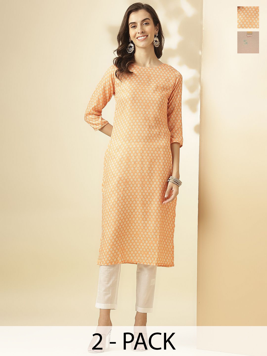 

KALINI Selection Of 2 Floral Printed Round Neck Straight Kurtas With Trousers, Orange