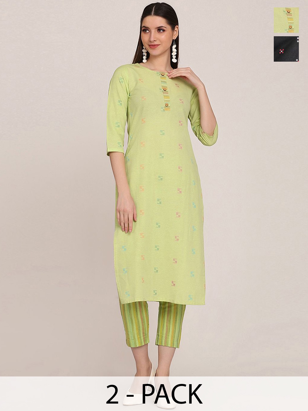 

KALINI Selection Of 2 Geometric Printed Round Neck Kurtas With Trousers, Green