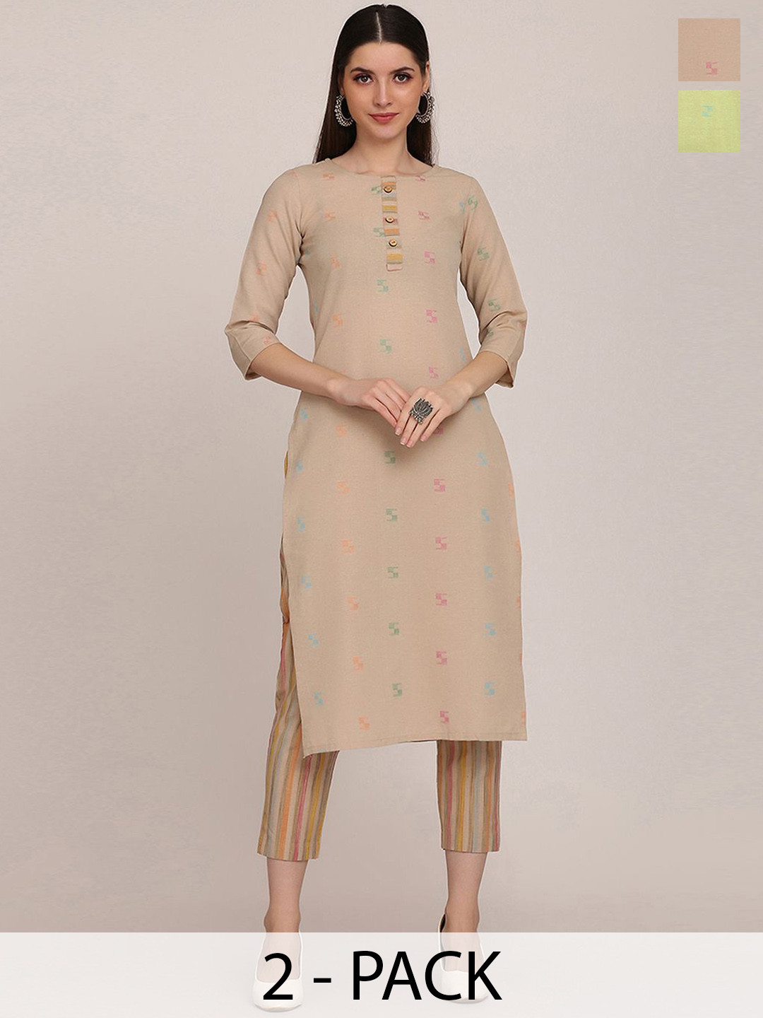 

KALINI Selection Of 2 Geometric Printed Mandarin Collar Straight Kurta With Trouser, Sea green
