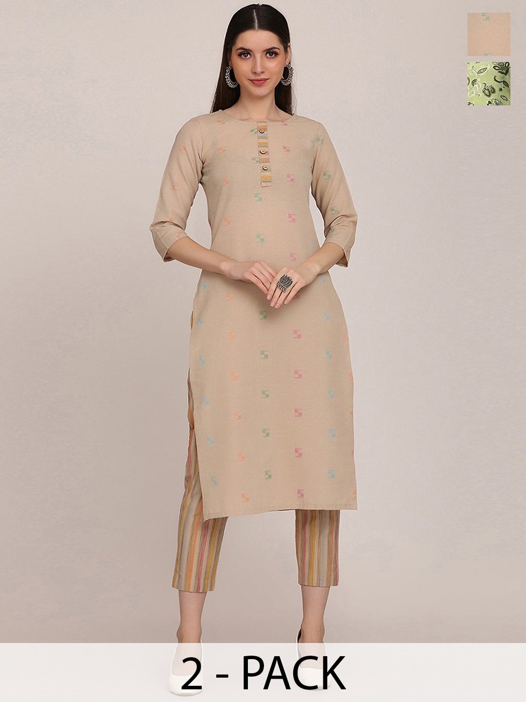 

KALINI Selection Of 2 Geometric Printed Straight Kurta with Trousers, Cream