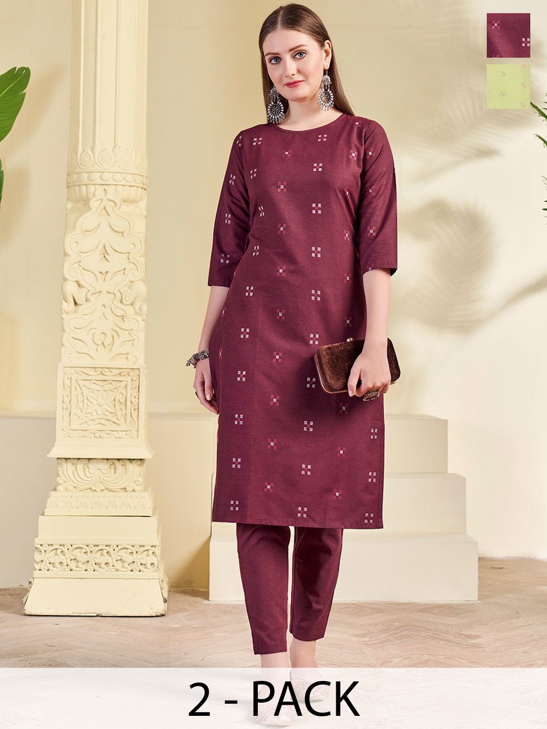 

KALINI Selection Of 2 Woven Design Printed Round Neck Straight Kurtas With Trousers, Maroon