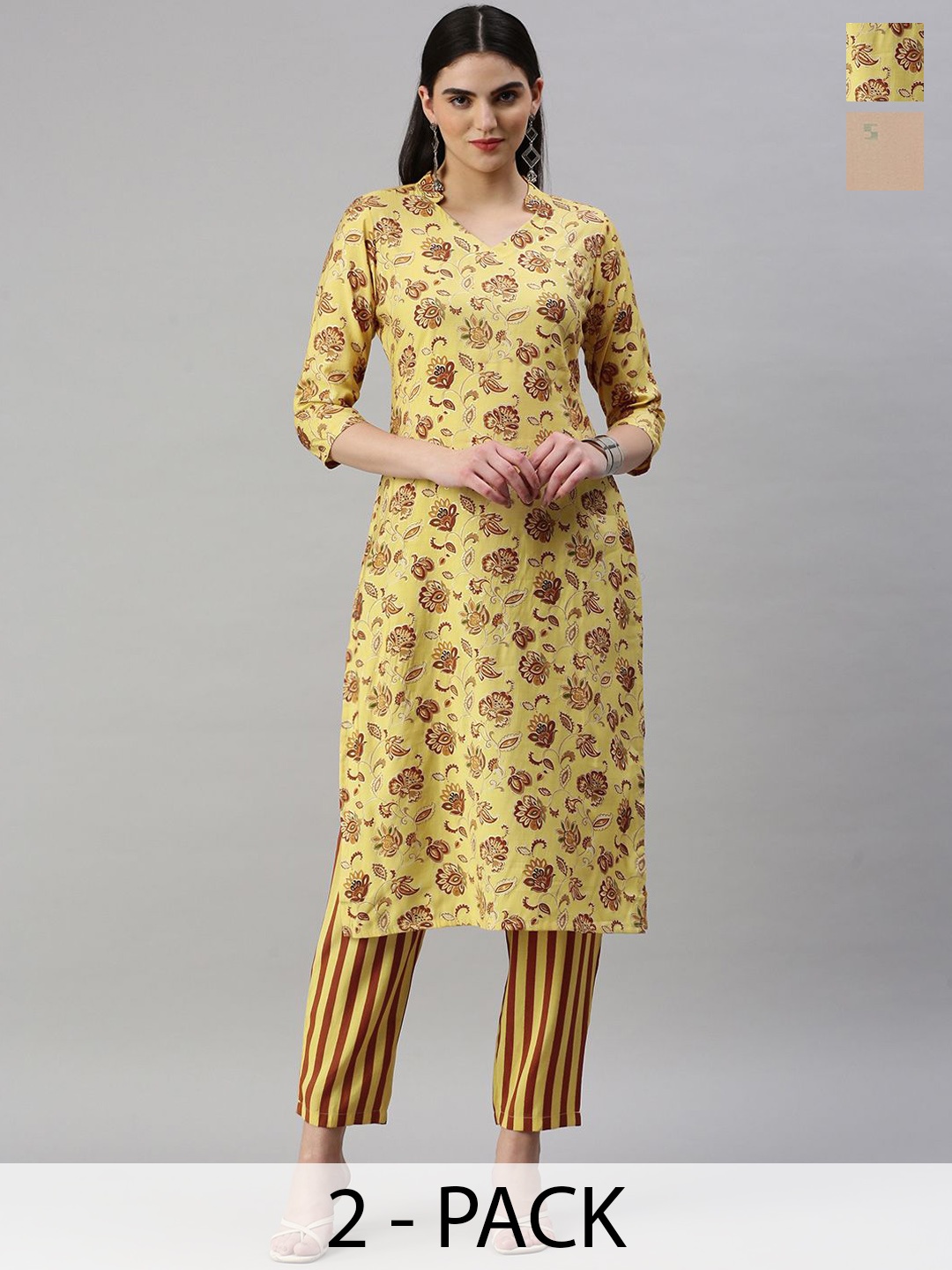 

KALINI Selection Of 2 Floral Printed Mandarin Collar Straight Kurta With Trouser, Yellow