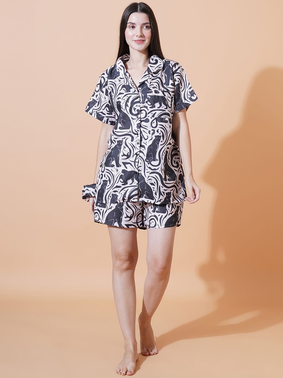 

FFLIRTYGO Animal Printed Shirt Collar Shirt & Short, Black