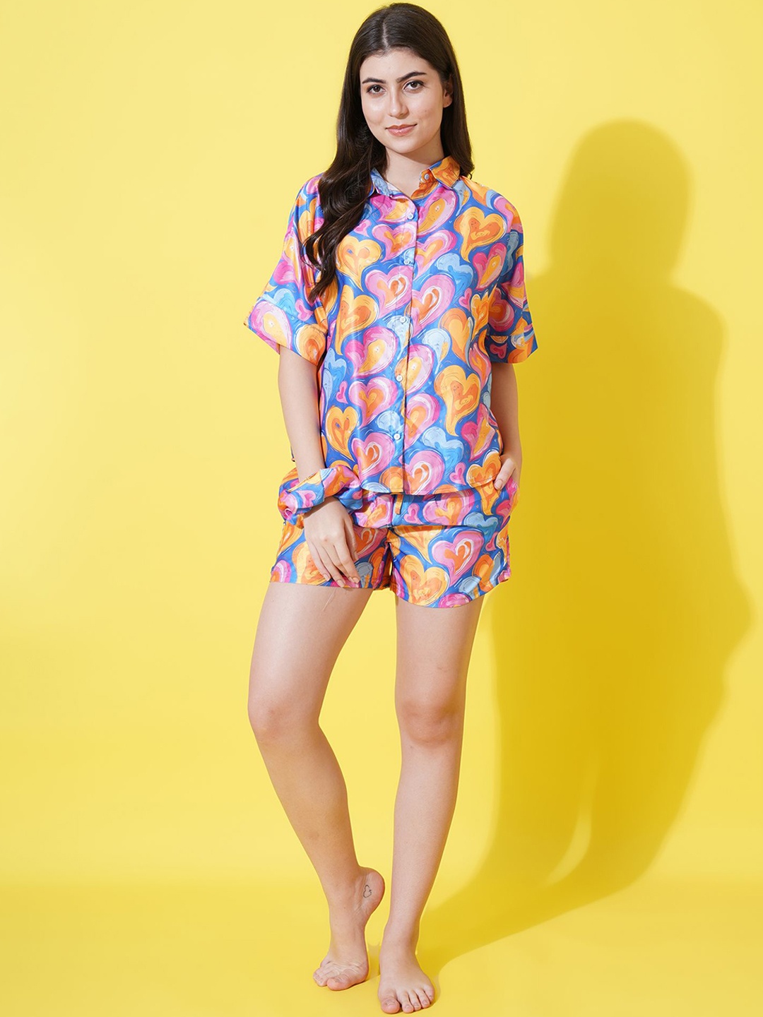 

FFLIRTYGO Graphic Printed Shirt Collar Satin Shirt & Short, Blue