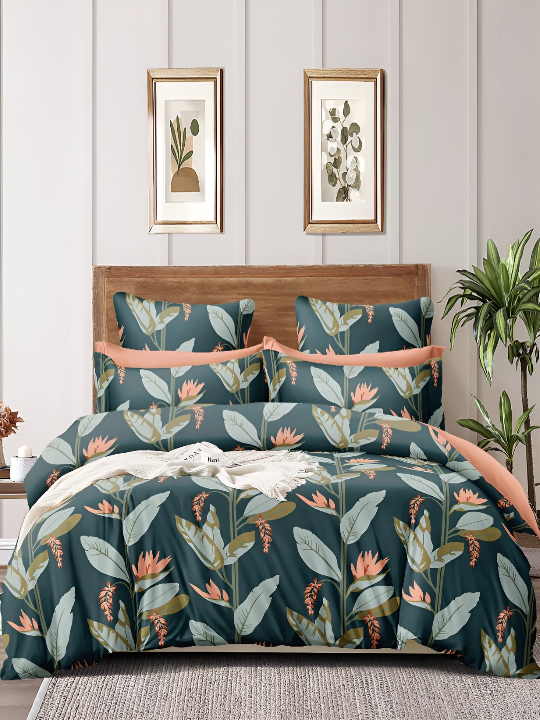 

MORADO Green & Orange Floral Printed Duvet Cover