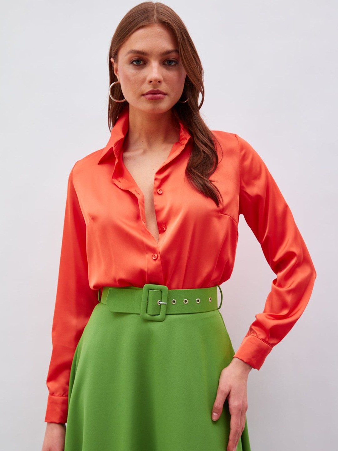 

Fashion Gaiia Satin Shirt Bodysuit, Orange
