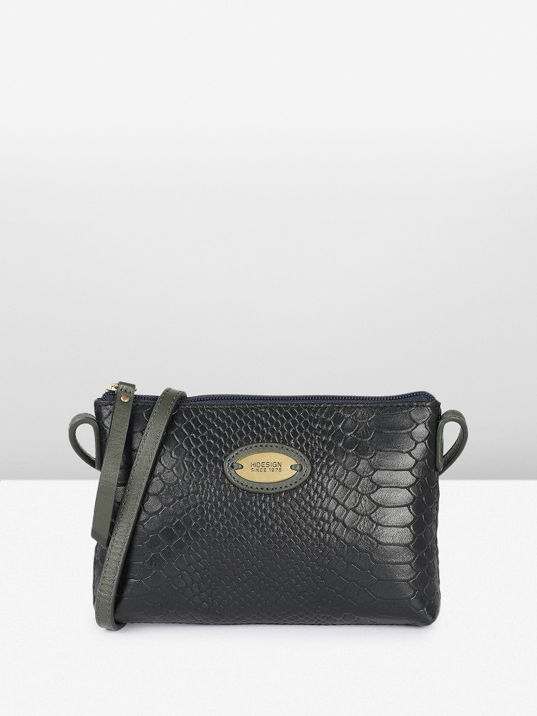 

Hidesign Textured Leather Structured Sling Bag, Navy blue