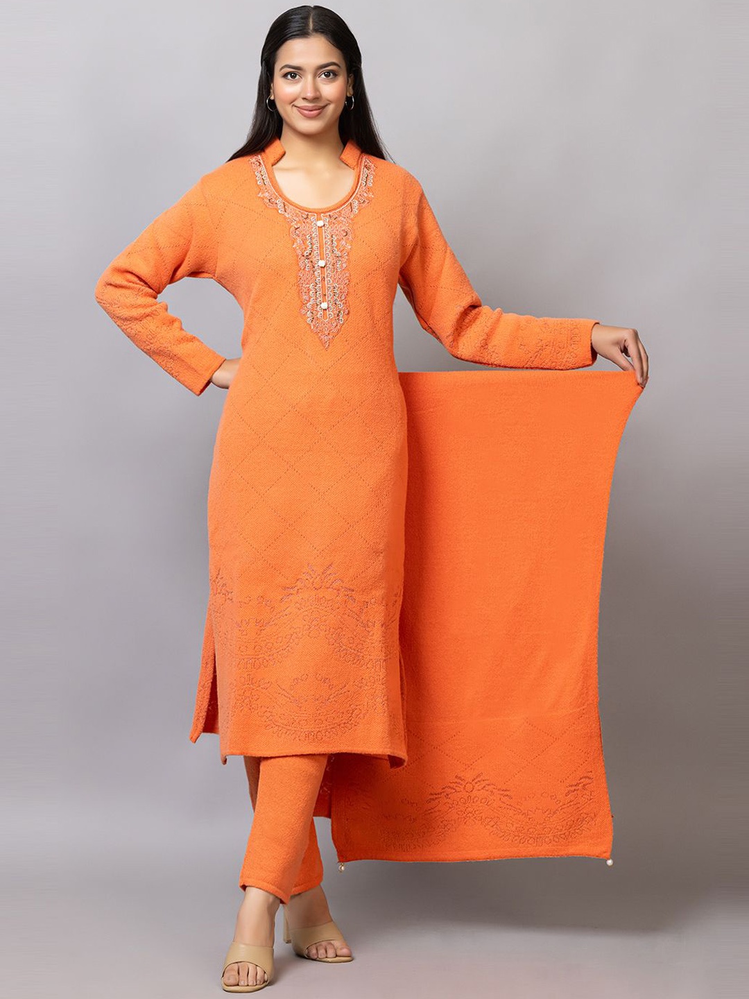 

Wool's Kart Floral Embroidered Shirt Collar Straight Kurta with Trouser And Dupatta, Orange