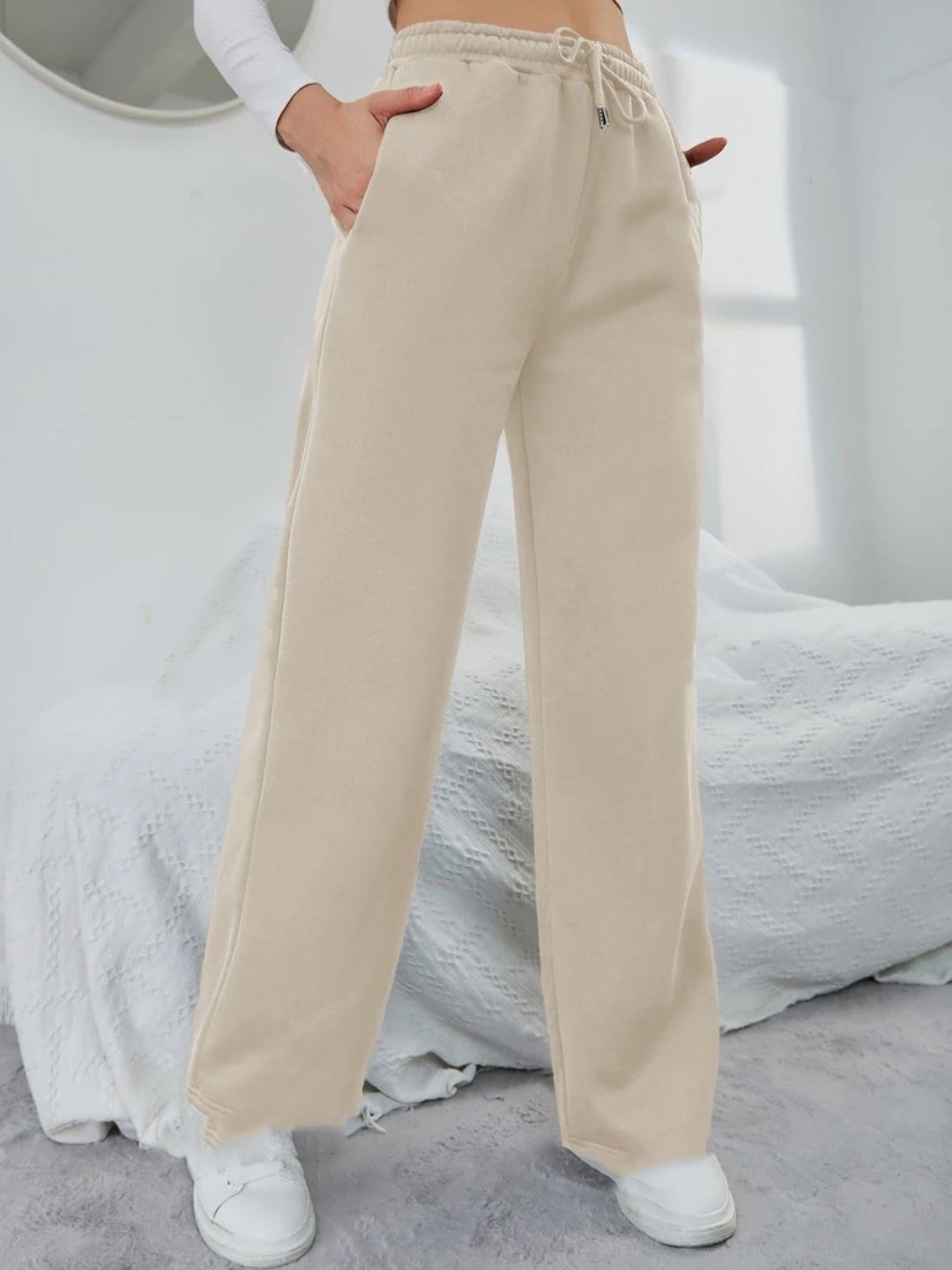 

BAESD Women Original Bell Bottom Loose Fit Mid-Rise Cotton Trouser, Beige