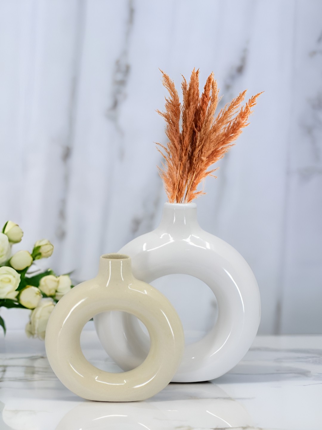 

The Decor Lane 2-Pcs White & Off-White Ceramic Donut Vase