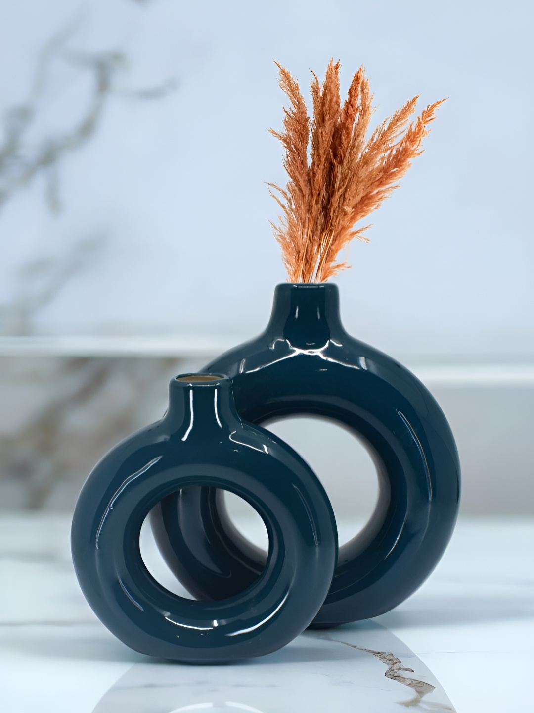 

The Decor Lane 2-Pcs Dark Blue Ceramic Donut Vase