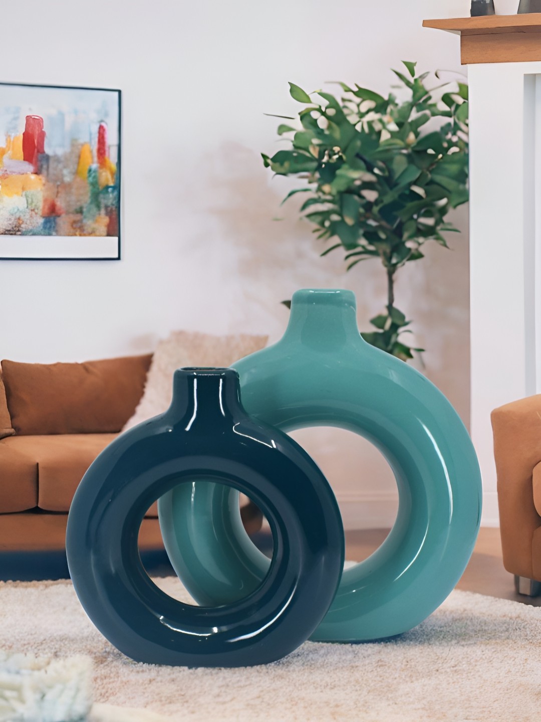 

The Decor Lane 2-Pcs Blue & Teal Green Ceramic Donut Vase