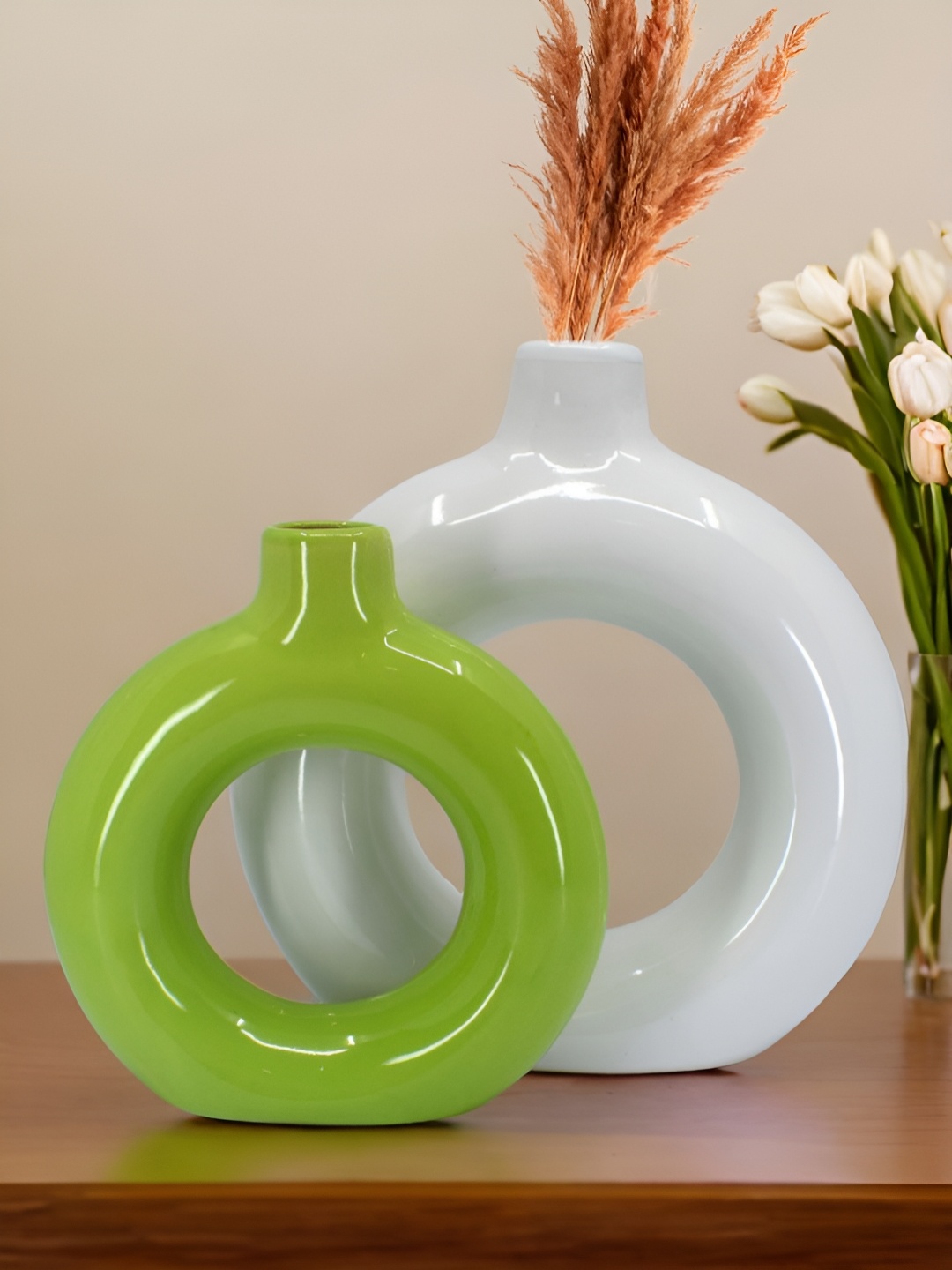 

The Decor Lane 2-Pcs Green & White Ceramic Donut Vase
