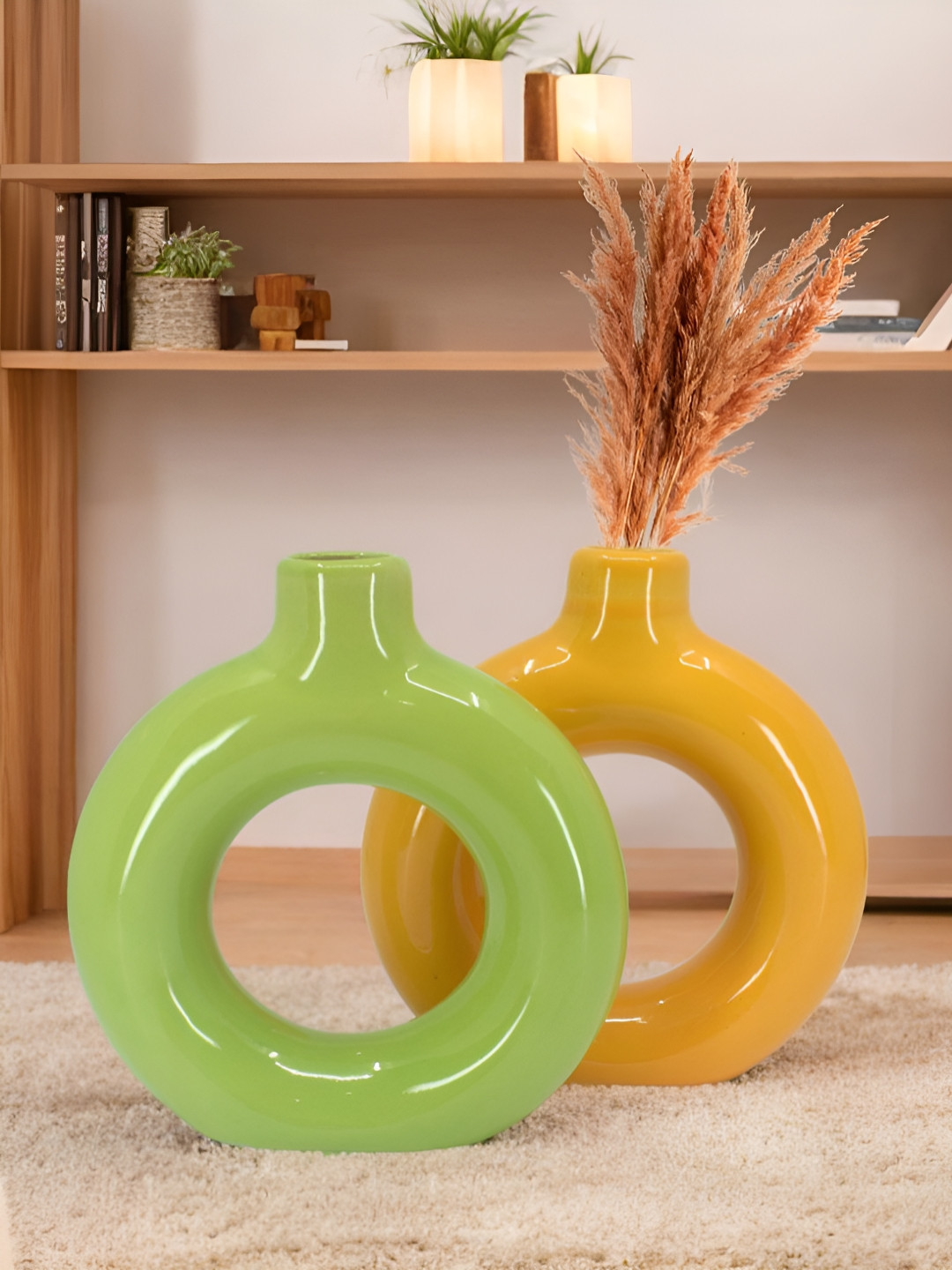 

The Decor Lane 2-Pcs Green & Orange-Colored Ceramic Donut Vase