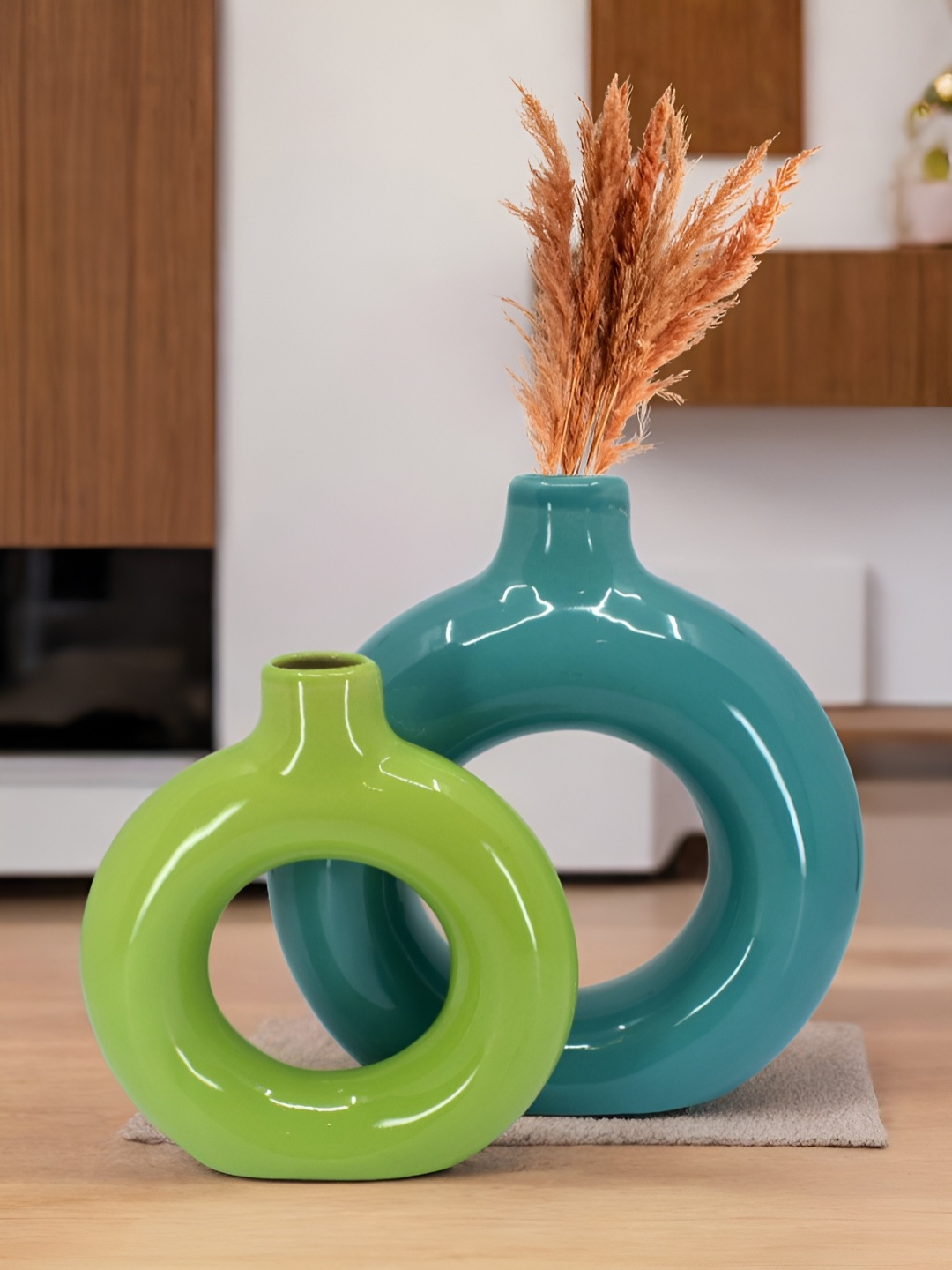 

The Decor Lane 2-Pcs Green & Teal Blue Ceramic Donut Vase