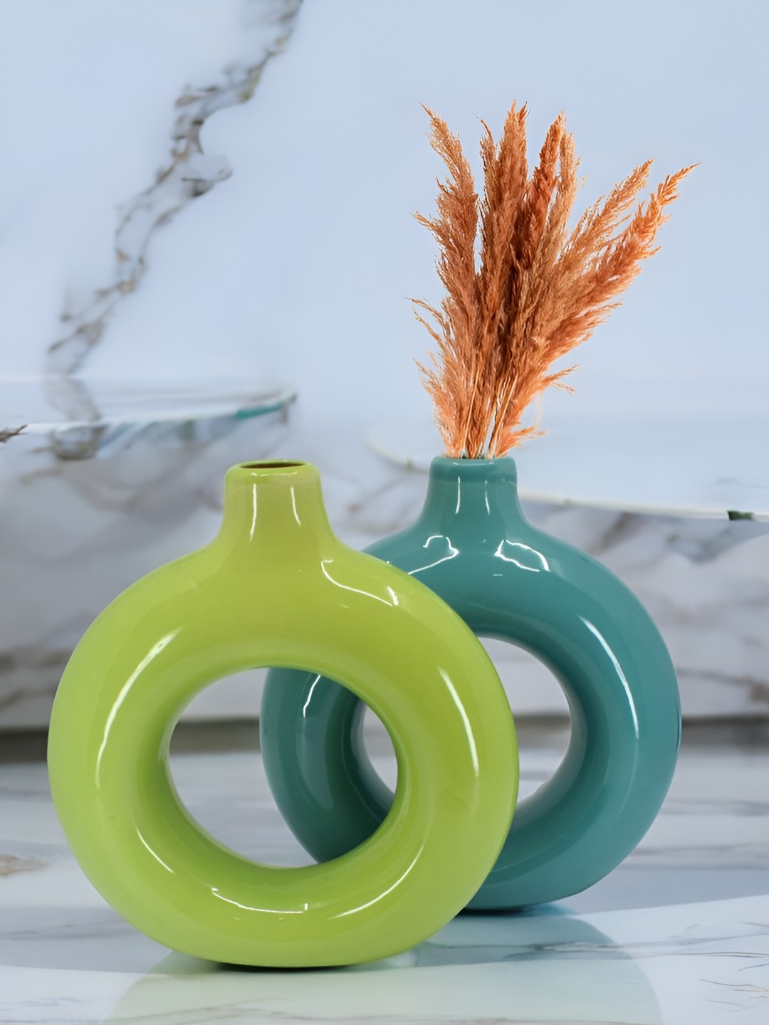 

The Decor Lane 2-Pcs Green & Teal Blue Ceramic Donut Vase