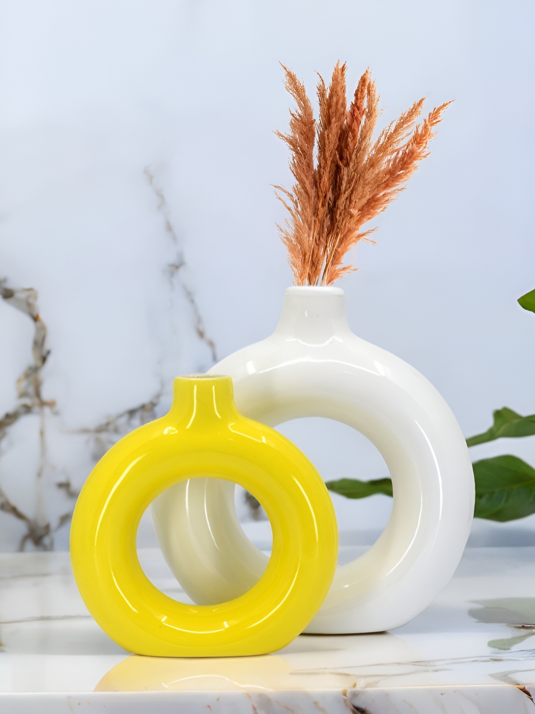 

The Decor Lane 2-Pcs White & Green Ceramic Donut Vase
