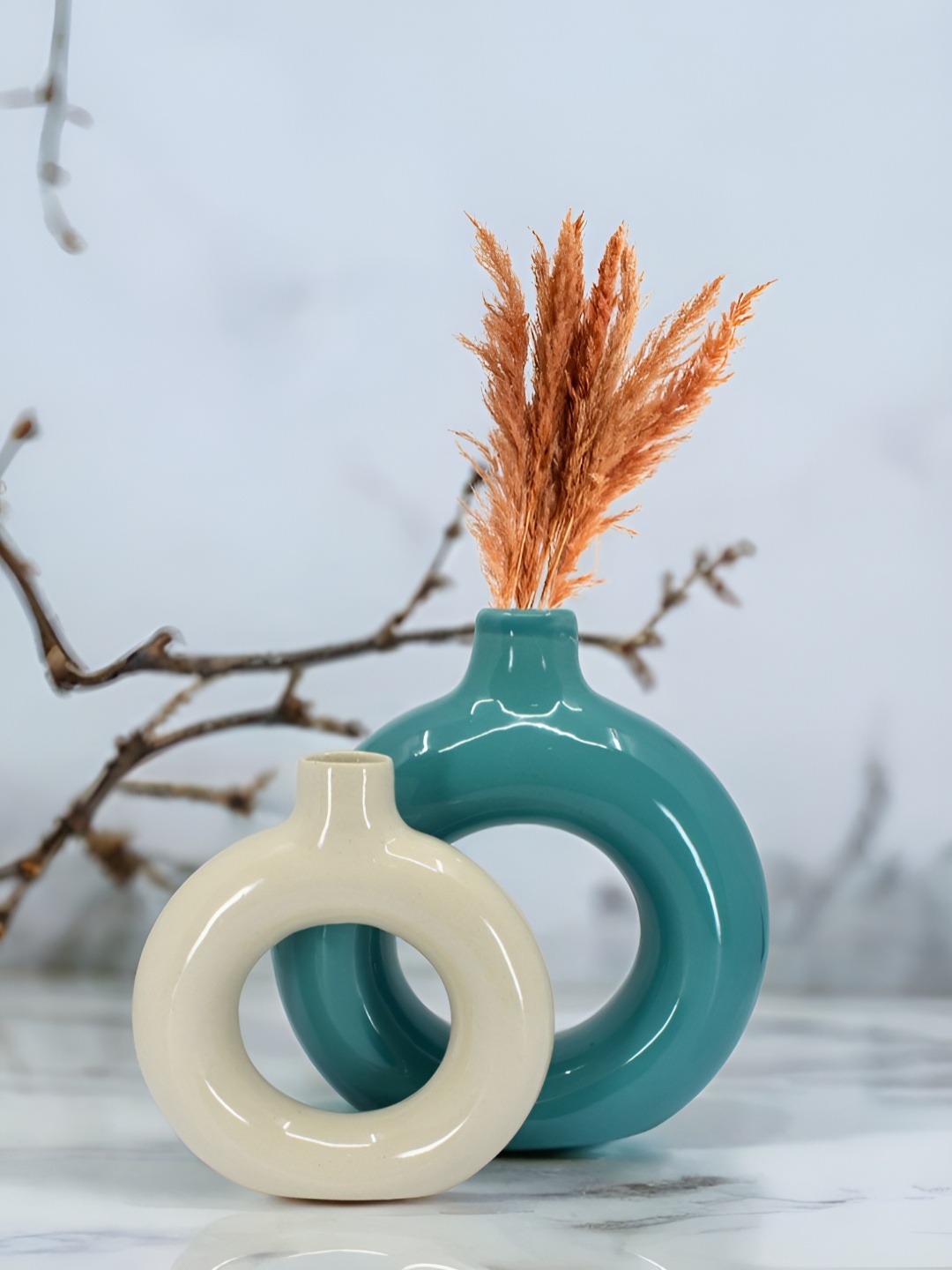 

The Decor Lane 2-Pcs Off-White & Teal Blue Ceramic Donut Vase