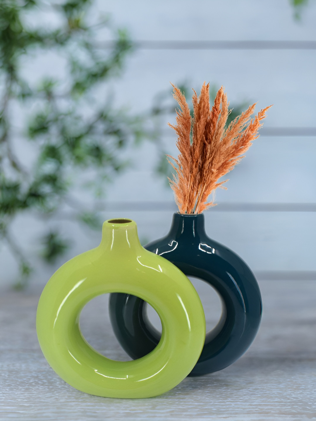 

The Decor Lane 2-Pcs Lime-Green & Green Glossy Ceramic Donut Vases