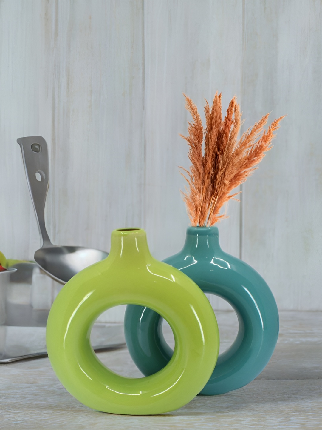 

The Decor Lane 2-Pcs Light Green & Teal Blue Ceramic Donut Vase