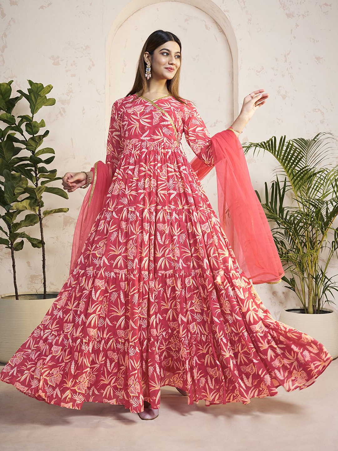 

Inddus Floral Printed V-Neck Georgette Angrakha A-Line Kurta, Peach