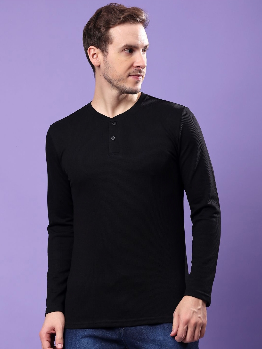 

madfrog Men Solid Henley Neck Cotton T-shirt, Black