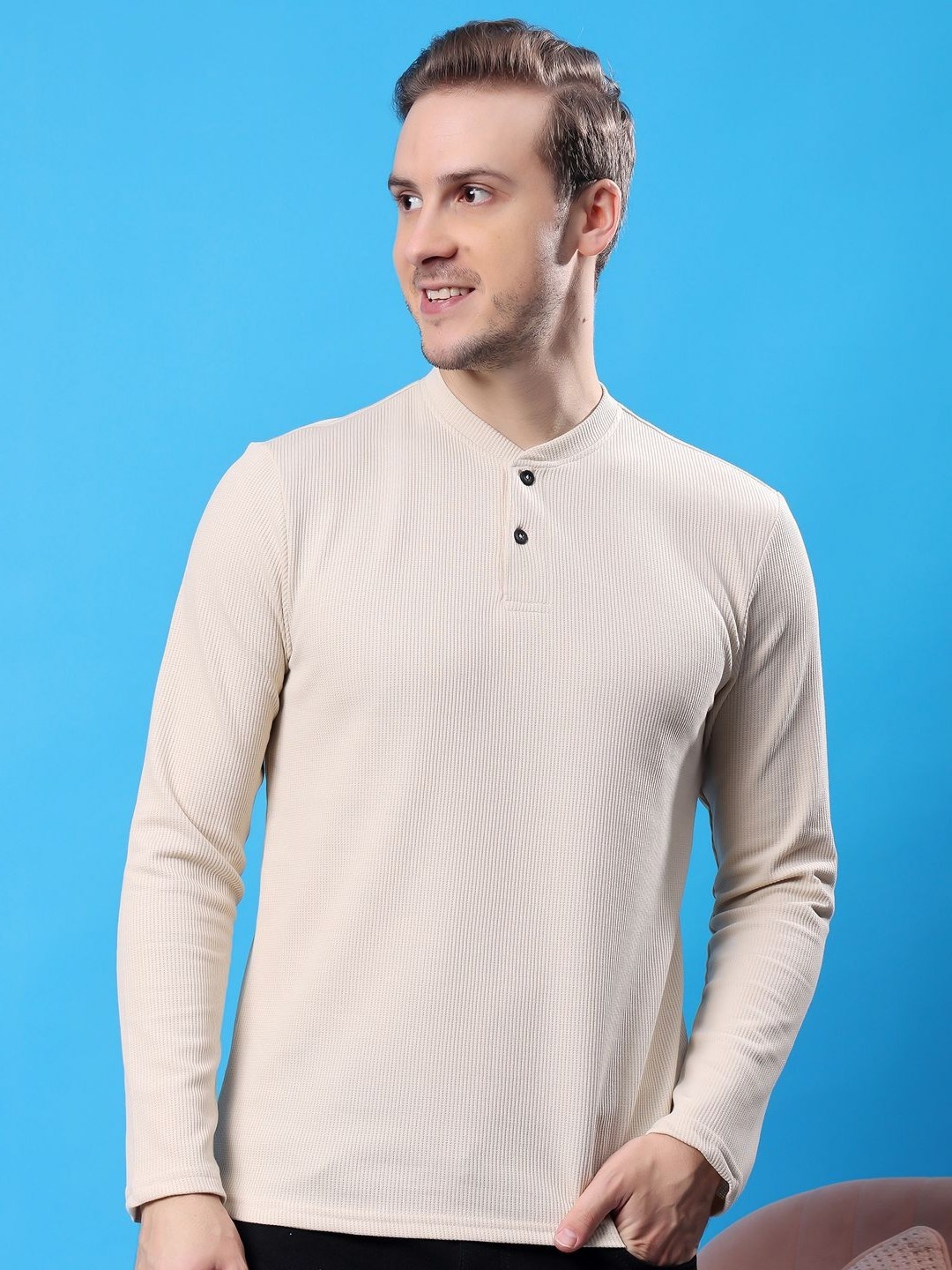

madfrog Men Self Design Henley Neck Cotton T-shirt, Beige