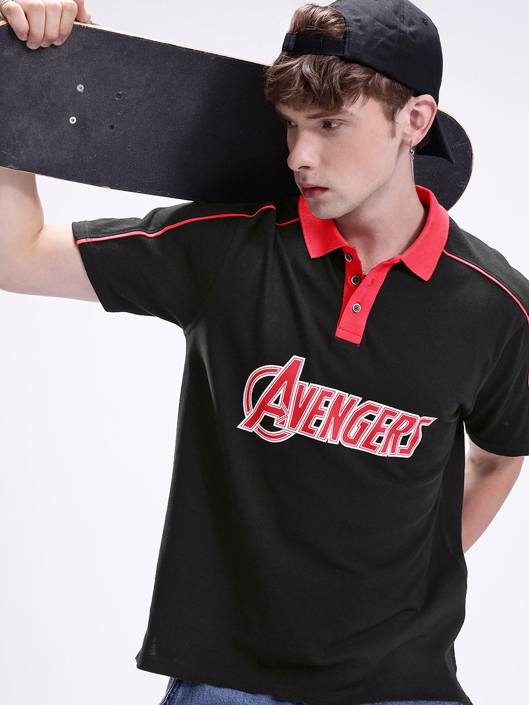 

Kook N Keech Marvel Printed Drop-Shoulder Sleeves Oversized Pure Cotton T-shirt, Black