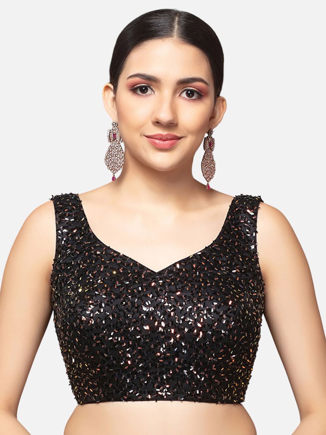 

neckbook Sequined Embellished Sweetheart Neck Sleeveless Saree Blouse, Black