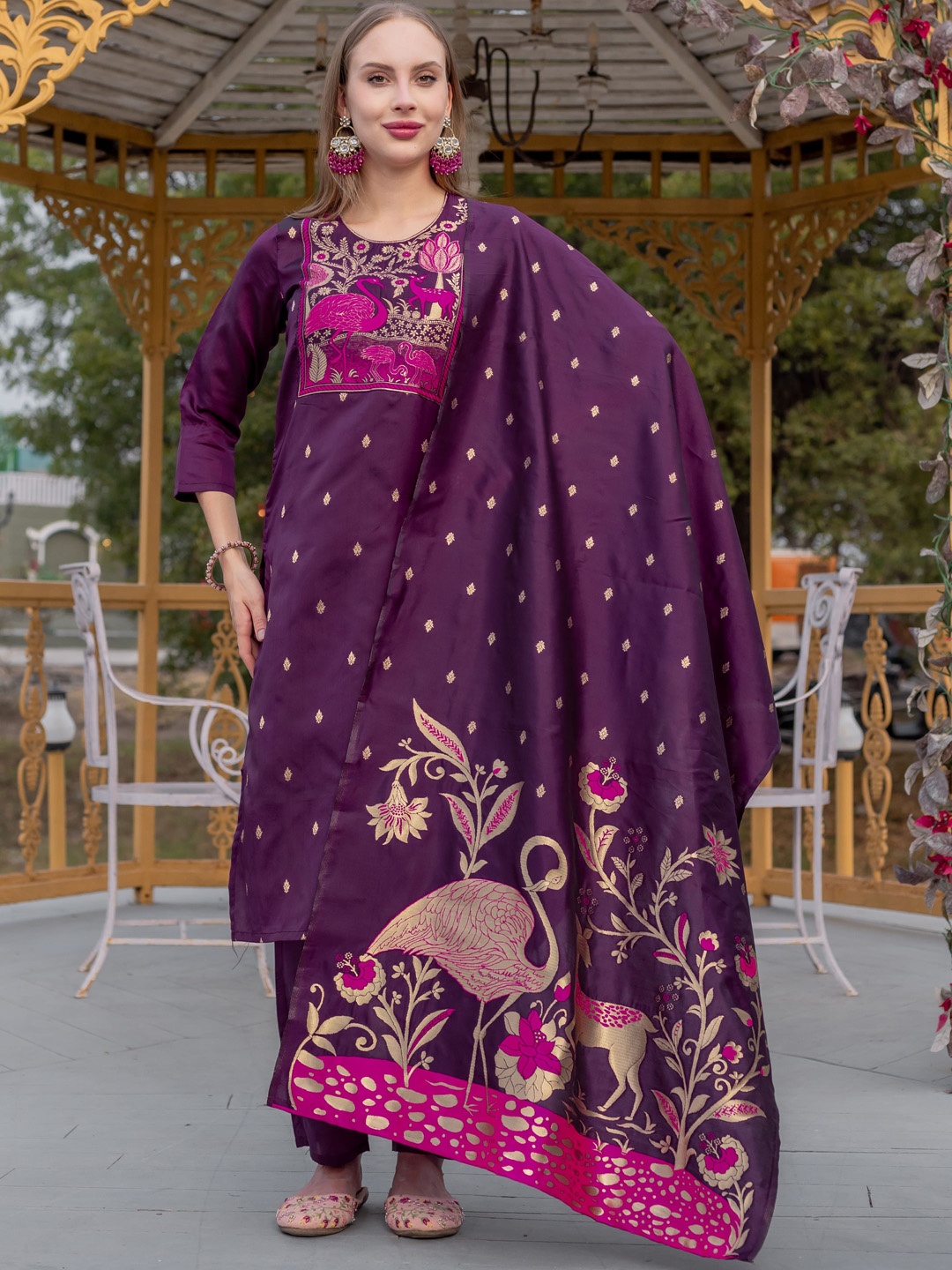 

Shriji fashion Ethnic Motifs Embroidered Round Neck Kurta With Harem Pants & Dupatta, Purple