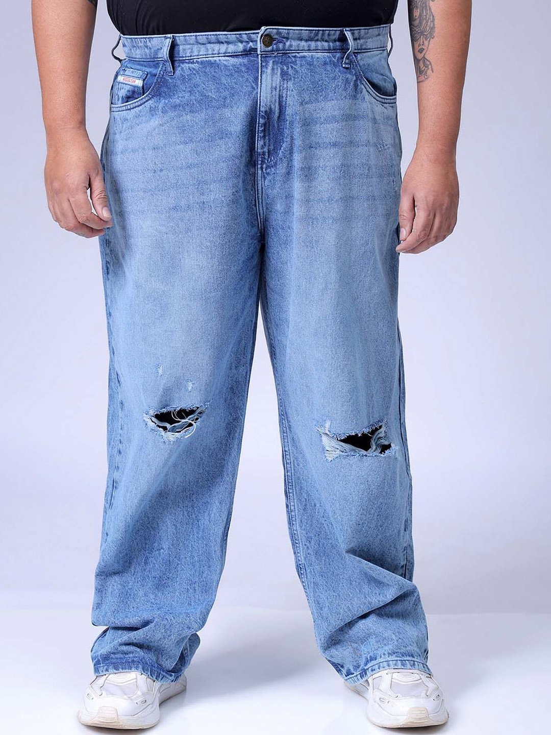 

HARDSODA Men Plus Size Baggy Mid-Rise Slash Knee Pure Cotton Jeans, Blue
